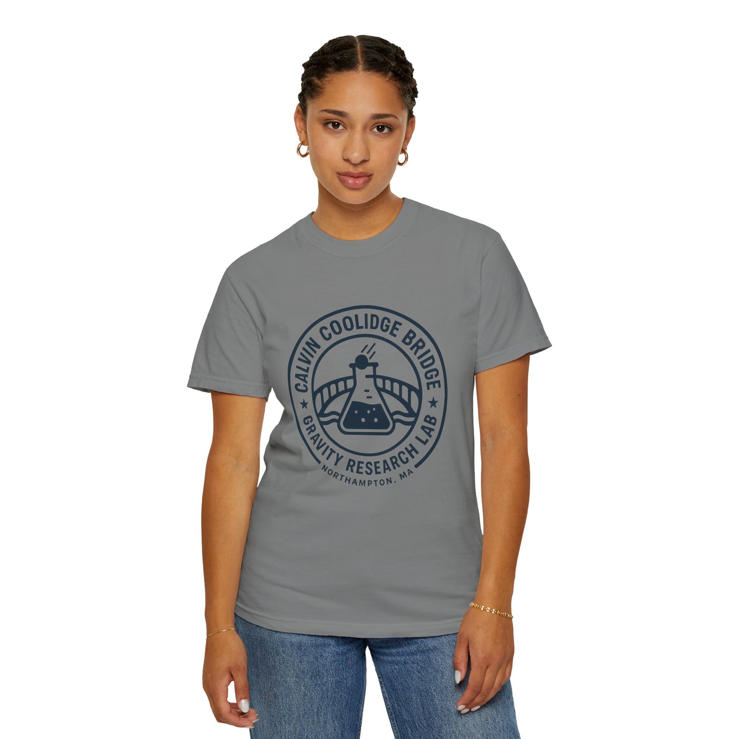Calvin Coolidge Bridge Gravity Research Lab — Unisex Retro Dept. Tee | Northampton MA | Garment-Dyed Cotton