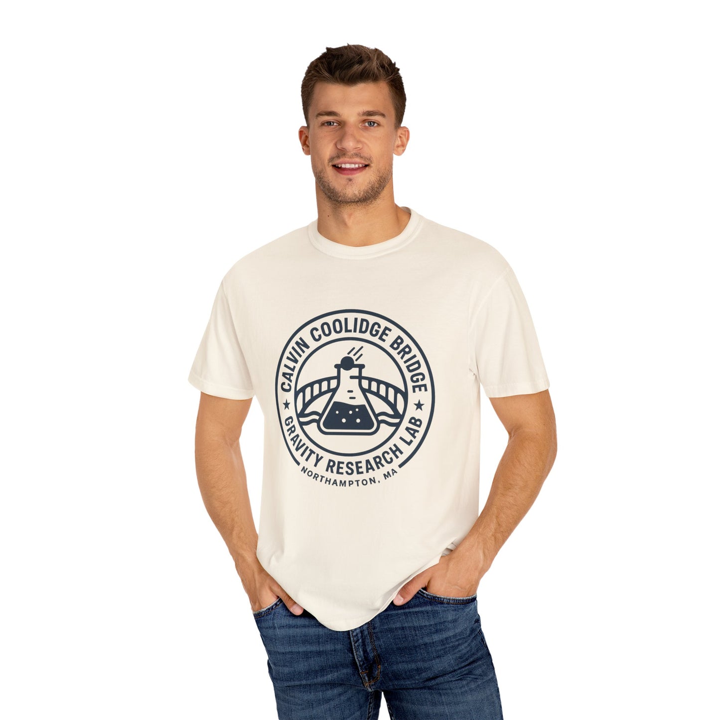Calvin Coolidge Bridge Gravity Research Lab — Unisex Retro Dept. Tee | Northampton MA | Garment-Dyed Cotton