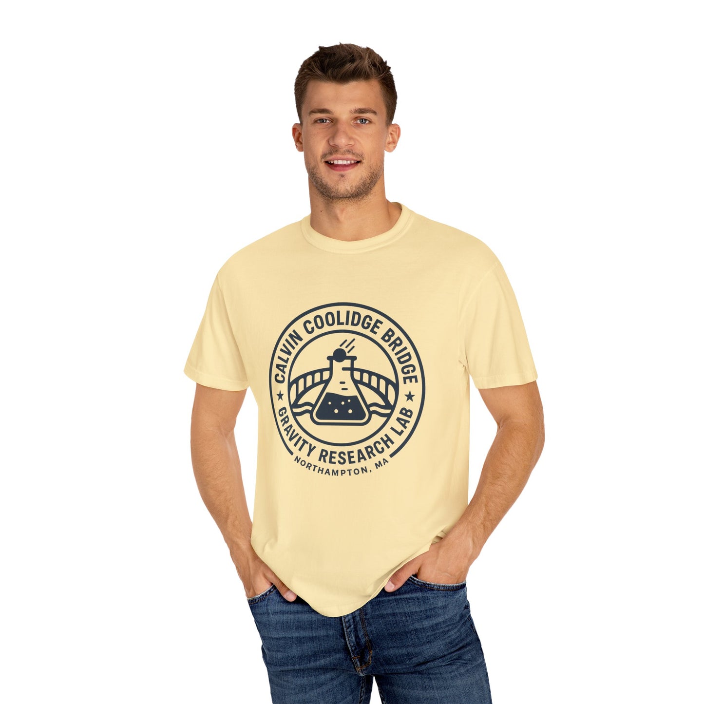 Calvin Coolidge Bridge Gravity Research Lab — Unisex Retro Dept. Tee | Northampton MA | Garment-Dyed Cotton