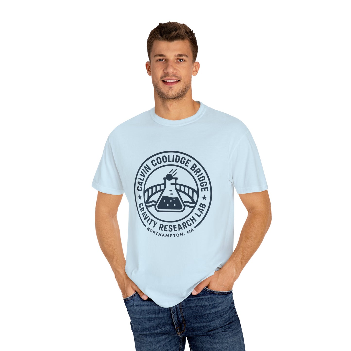 Calvin Coolidge Bridge Gravity Research Lab — Unisex Retro Dept. Tee | Northampton MA | Garment-Dyed Cotton