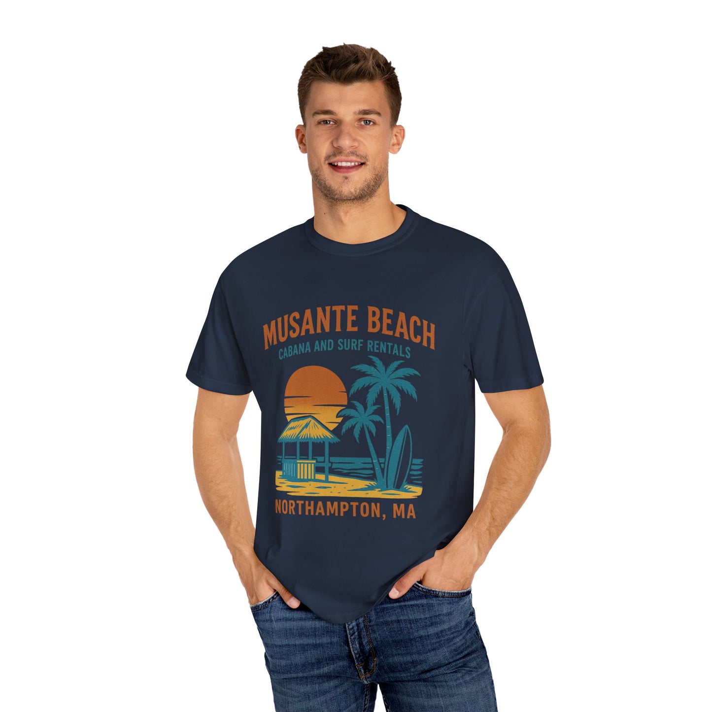 Musante Beach Cabana & Surf Rentals Tee | Retro Unisex | Northampton MA | Garment-Dyed, Soft Feel, Great Local Gift