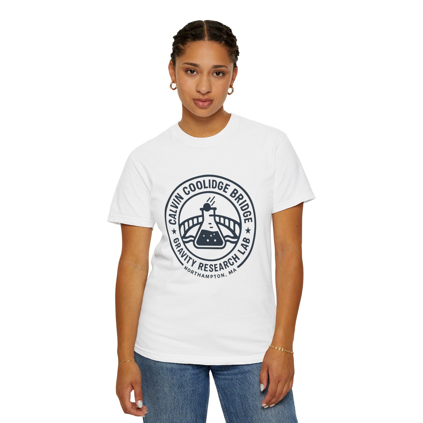 Calvin Coolidge Bridge Gravity Research Lab — Unisex Retro Dept. Tee | Northampton MA | Garment-Dyed Cotton