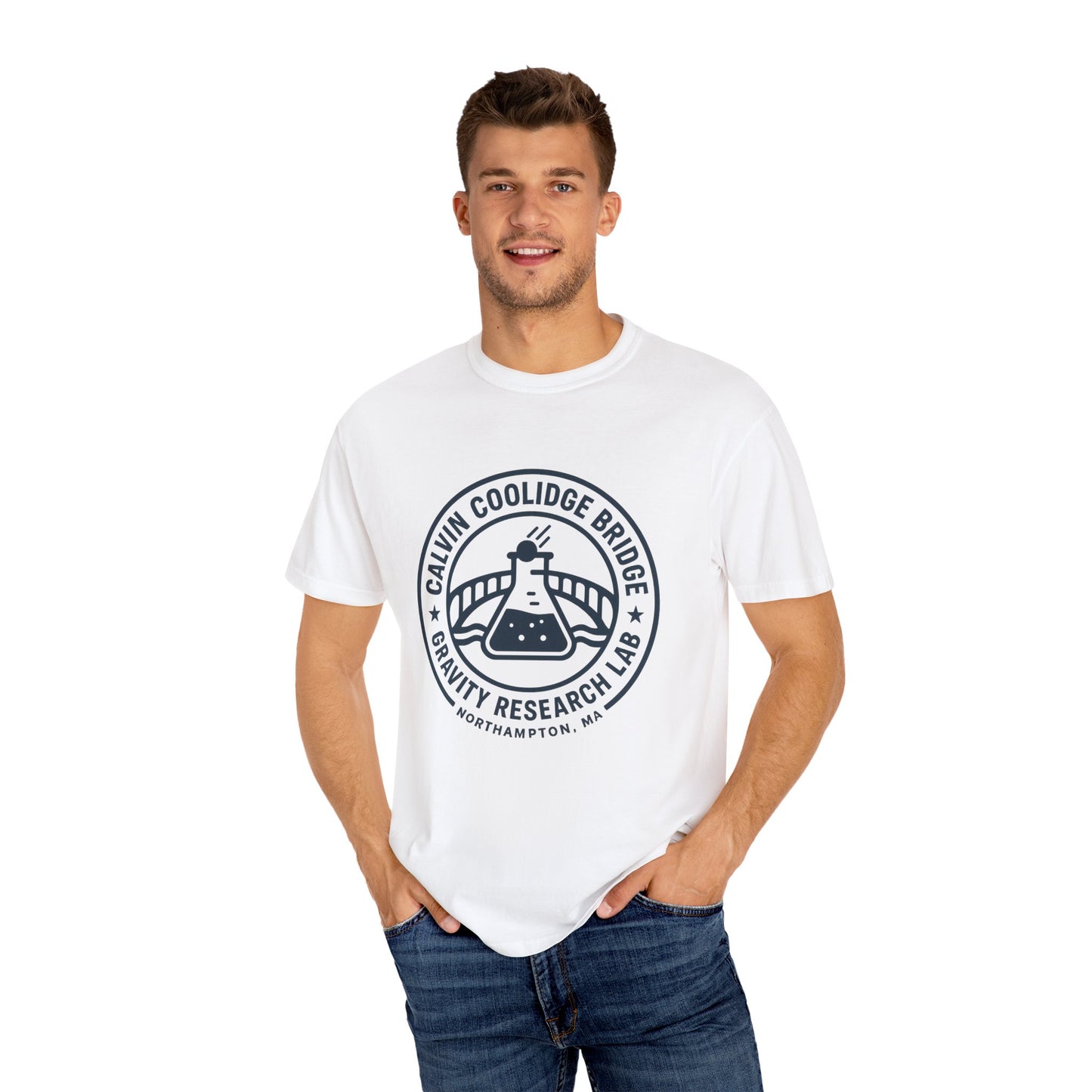 Calvin Coolidge Bridge Gravity Research Lab — Unisex Retro Dept. Tee | Northampton MA | Garment-Dyed Cotton