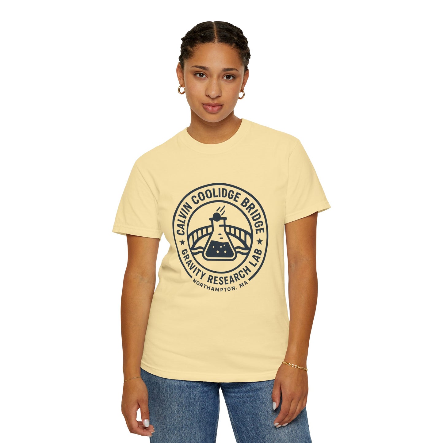 Calvin Coolidge Bridge Gravity Research Lab — Unisex Retro Dept. Tee | Northampton MA | Garment-Dyed Cotton